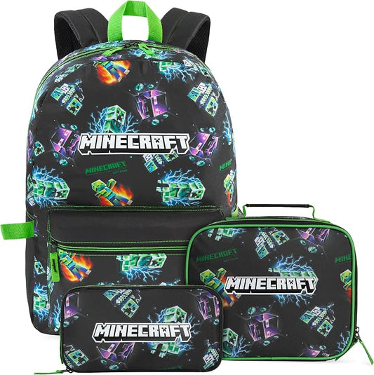 Get Trend Minecraft Kids Backpack Set for Boys with Insulated Lunch Bag & Pencil Case, 3 Pc Book Bag with Padded Straps for School, Travel, Creeper Gamer Gifts for Boys (Multi Creeper) by GetTrend