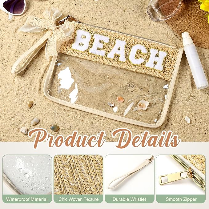 8 Pcs Boho Woven Straw Beach Makeup Bag Bulk Chenille Letter Bag Nylon Makeup Clear Zipper Pouch Preppy Waterproof Beach Necessities Vacation Essentials Toiletry Organizer for Women - Image 4