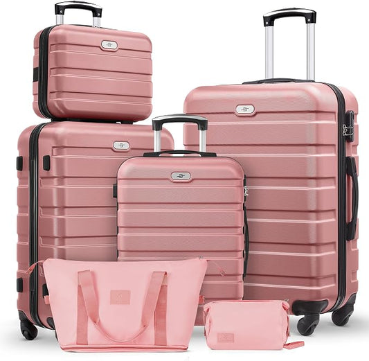 Suitour Luggage Sets 6 Piece, 20-inch Carry-on and 24 inch28 inch Checked Suitcase Set with Cosmetic Case and Expandable Travel Duffle Bags Set(Rose Gold) by Suitour