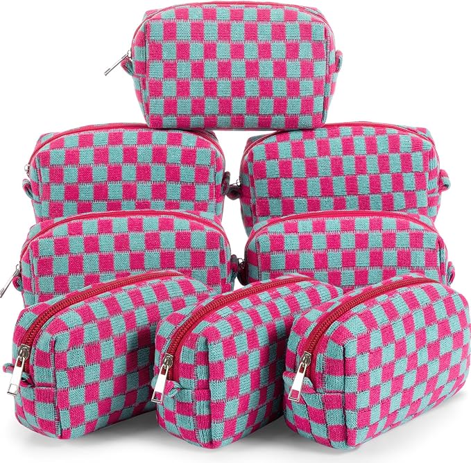 Gilprop 8 Pcs Checkered Makeup Bag for Purse Small Cosmetic Pouch Bulk Portable Zipper Makeup Pouch Travel Toiletry Organizer Gifts for Women Bridesmaid Wedding Party Favors (Pink Blue) by Gilprop