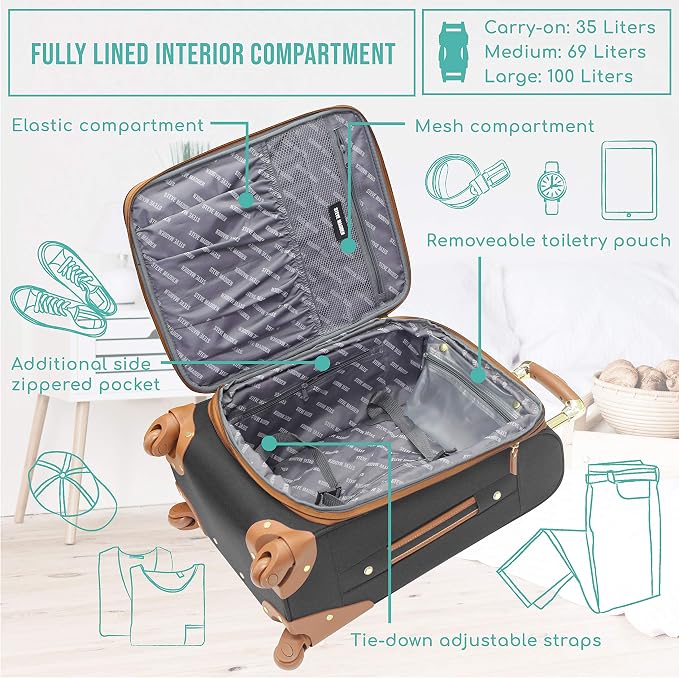 Steve Madden Designer Luggage Collection - Expandable 28 Inch Softside Bag for Men & Women - Durable Lightweight Checked Suitcase with 4-Rolling Spinner Wheels (28in, Global Black) - Image 3
