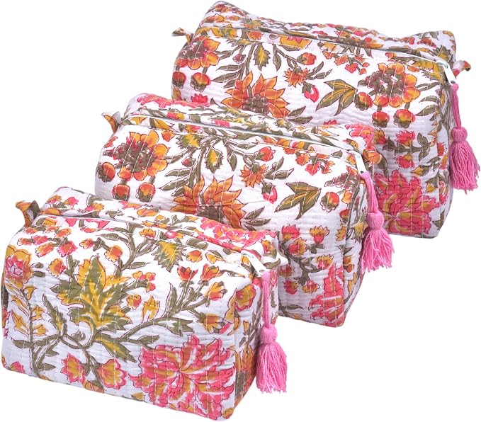 Quilted Floral Block Print Makeup Bag Set of 3 – Cotton Travel Toiletry and Makeup Organizer, Cosmetic Pouch, Toiletry Bag for Women, Cute Boho Coquette Make Up Bags for Women (Small, Medium, Large) by Vivanta