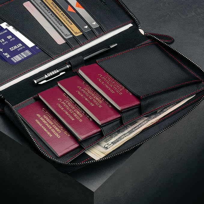 TORRO Premium Leather Family Travel Wallet, RFID Blocking Travel Organizer, Family Passport Holder for 4 Passports, Travel Documents and Cards (Black) - Image 5