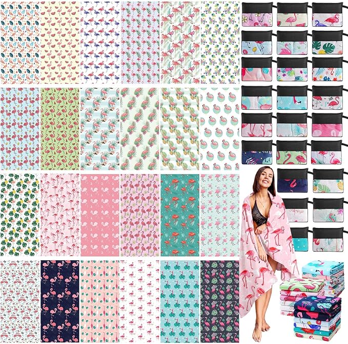 Peryiter 48 Pcs Microfiber Beach Towel with Bags Bulk, 24 Large Quick Dry Pool Towels and 24 Storage Bags, 30 x 60 Inch Flamingo Blanket for Beach Swimming Summer Party Camping Travel Women by Peryiter