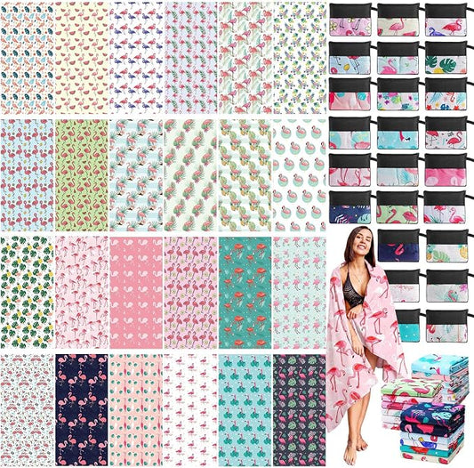 Peryiter 48 Pcs Microfiber Beach Towel with Bags Bulk, 24 Large Quick Dry Pool Towels and 24 Storage Bags, 30 x 60 Inch Flamingo Blanket for Beach Swimming Summer Party Camping Travel Women by Peryiter