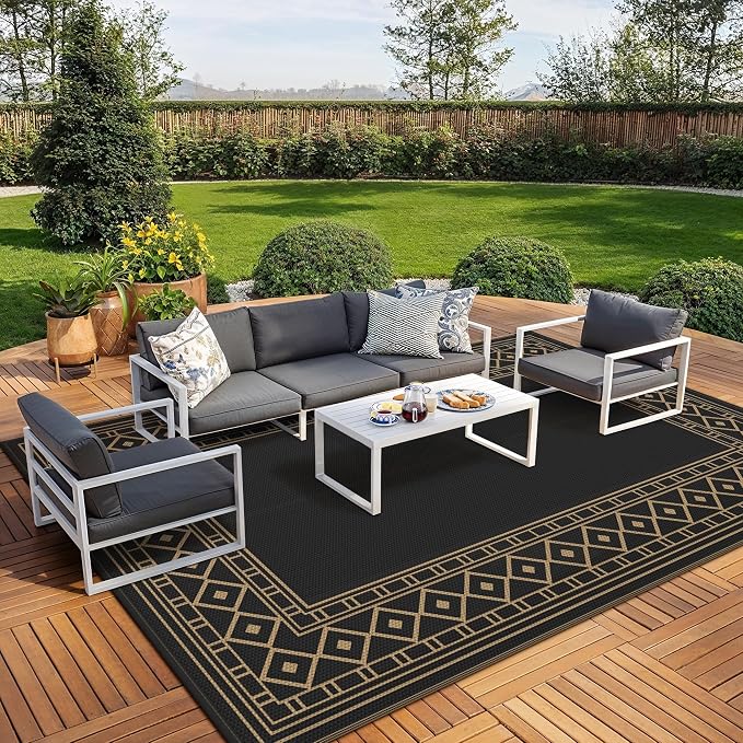 GENIMO Outdoor Rug, Waterproof Plastic Rugs 10'x20' for Camping Black Brown | Outside Larger Modern Carpet Mat for Porch Decor, Deck, Balcony, Camping, RV, Backyard, Picnic, Beach, Reversible by GENIMO
