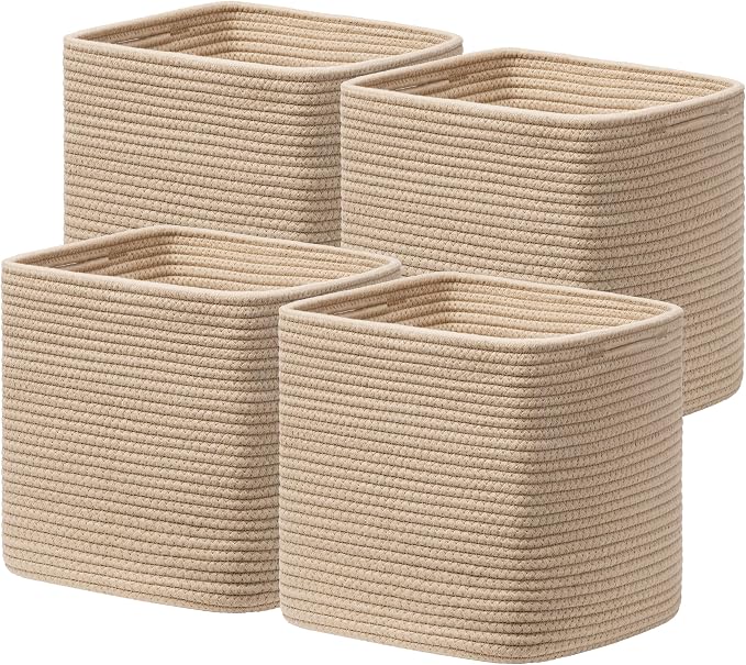 joybest 11inch Cube Storage Bins Set of 4, Cotton Rope Woven Organizer Basket for Shelves, Cube Bin Square Shelves Organizer Closet Storage, Nursery, Toy Organization, Brown by joybest