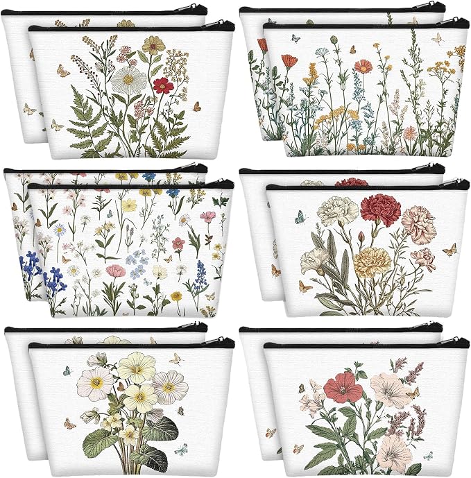 Sweetude 12 Pcs Flower Makeup Bags Bulk Portable Travel Cosmetic Bags with Zipper Wildflower Floral Waterproof Roomy Travel Toiletry Organizer Storage Pouch for Women Birthday Party Gifts by Sweetude