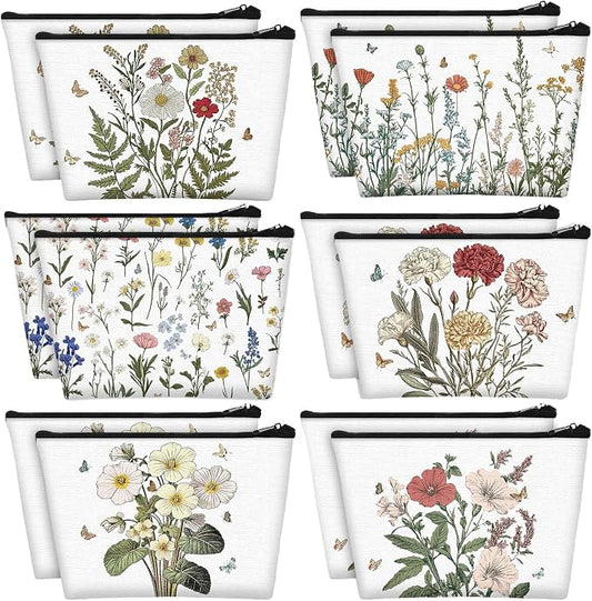 Sweetude 12 Pcs Flower Makeup Bags Bulk Portable Travel Cosmetic Bags with Zipper Wildflower Floral Waterproof Roomy Travel Toiletry Organizer Storage Pouch for Women Birthday Party Gifts by Sweetude