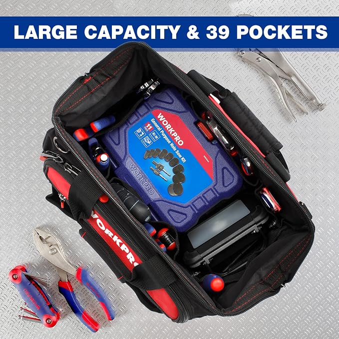 WORKPRO 16" Top Wide Mouth Tool Bag with Water Proof Rubber Base, Multi-Compartment, 46 Pockets, For Tool Organizer & Storage, W081122A - Image 5