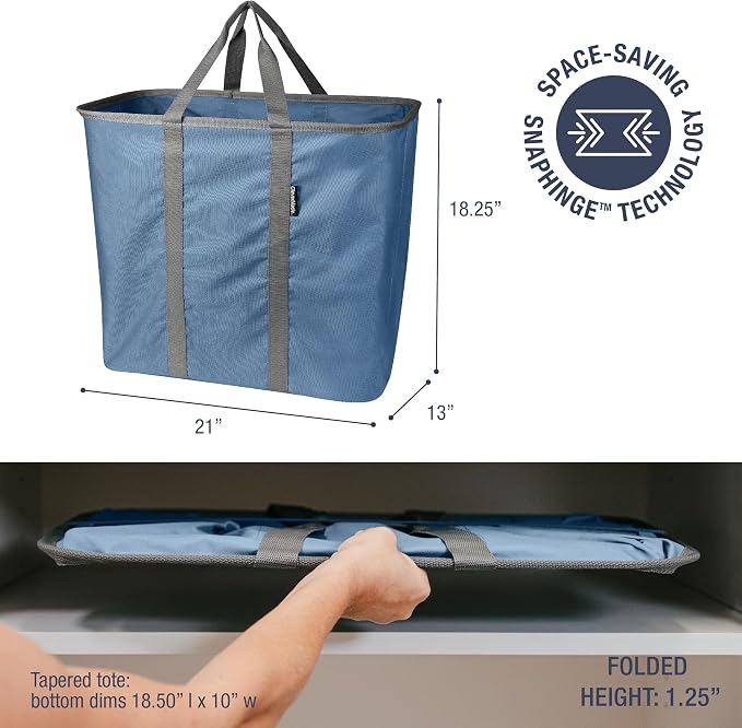 CleverMade Collapsible Laundry Caddy, 64L, 2 Pack, Pop-Up Hamper, Denim | Built-in handles and upright structure make clothes easy to carry from bedroom to washer, then save space in closets & dorms - Image 2