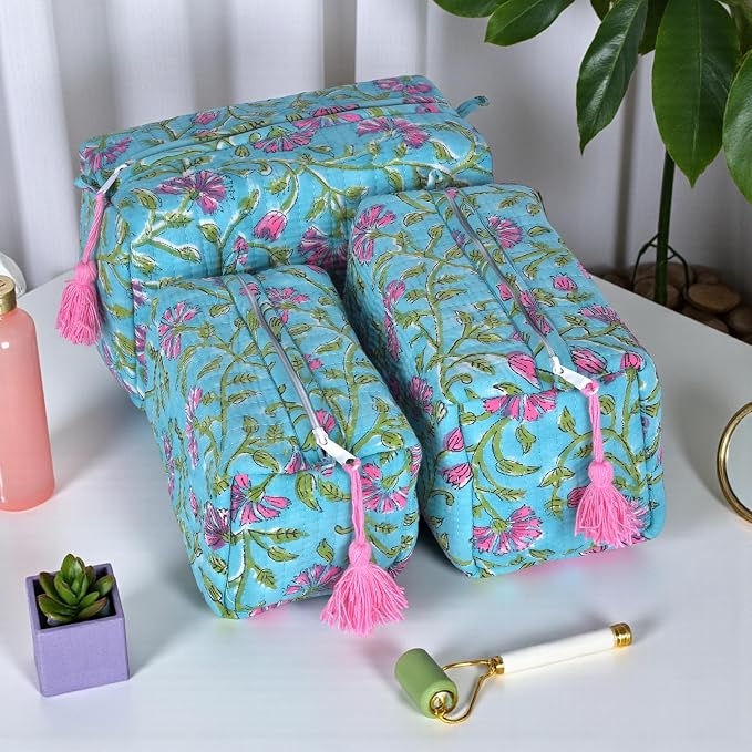 Quilted Floral Block Print Makeup Bag Set of 3 – Cotton Travel Toiletry and Makeup Organizer, Cosmetic Pouch, Toiletry Bag for Women, Cute Boho Coquette Make Up Bags for Women (Small, Medium, Large) - Image 7