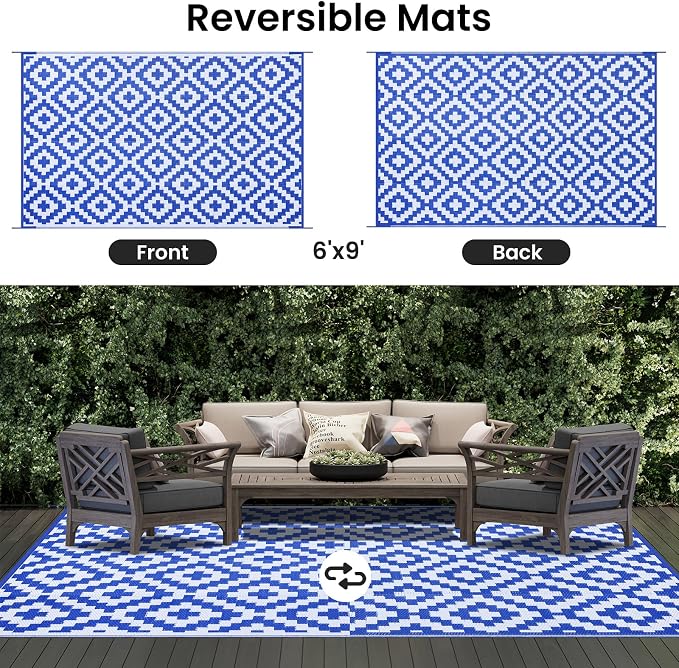 Smiry Waterproof Outdoor Rug 6x9 ft, Reversible Plastic Straw Patio Camping Rugs, Outdoor Indoor RV Mat Carpet for Patio, Outside Entry, Backyard, Deck, Bench, Picnic, Camper, White & Blue - Image 3