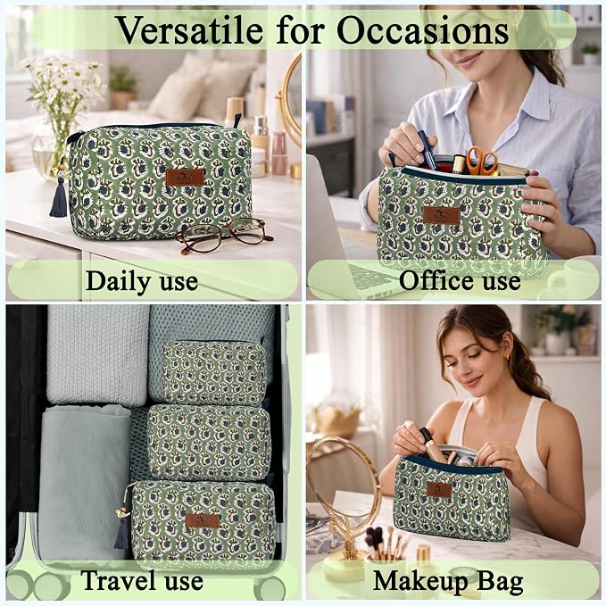 Ridhi Basil Green Hand Block Printed Floral Toiletry Bag For Women 100% Cotton Quilted Set of 3 Waterproof Inner Lining, Cosmetic Jewelry Organizer, Travel Pouch, Essential Storage Purse Gifts - Image 5