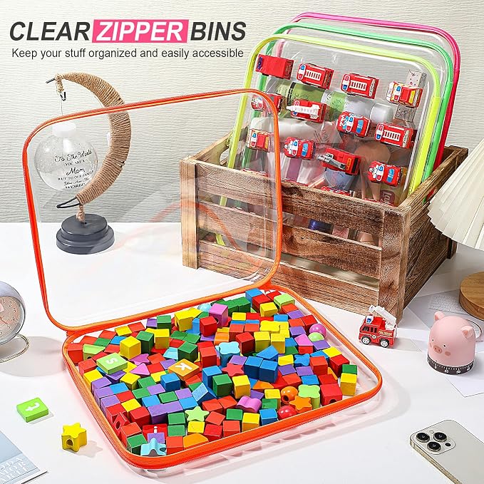 Hoolerry 4 Pcs Hard Clear Zipper Case Makeup Bags Plastic Zipper Pouch Transparent Storage Box Containers for Cosmetics, Snacks, Building Blocks, Puzzles(Clear,13.8 x 11.8 x 2 in,Fluorescent) - Image 5