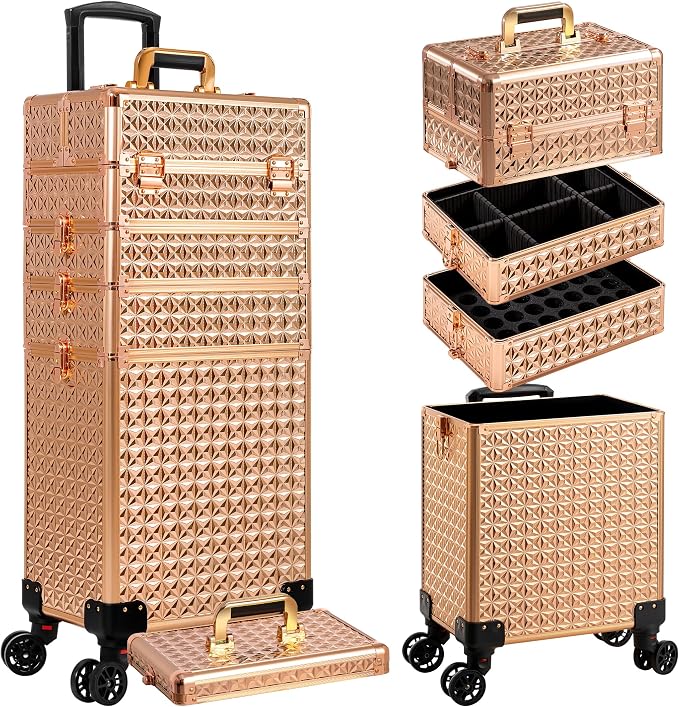 AROUS 5 in 1 Rolling Makeup Train Case with Lid Cosmetology Case on Wheels | Large Cosmetic Trolley Organizer with Keys Salon Barber Case Traveling Cart Trunk for Artist Hairstylists Nail Tech, Gold - Image 9