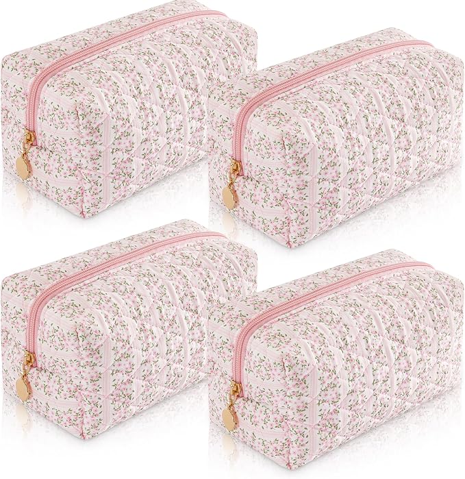 4PCS Makeup Bag Travel Toiletry Bag for Women, Small Cosmetic Bags Aesthetic Organizer Quilted Cotton Makeup Pouch & Purse Emergency Bag Floral Pencil Case Accessory Bag, Pastel Pink - Image 8
