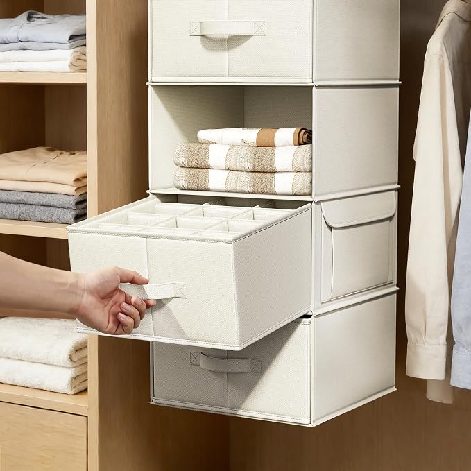 Vailando 6-Shelf Hanging Closet Organizer with 3 Drawers, 6-Shelf Inseparable Closet Organizers and Storage for Wardrobe Organization, Hanging Dresser for Nursury & Dorm Clothes Organizer, Beige - Image 6