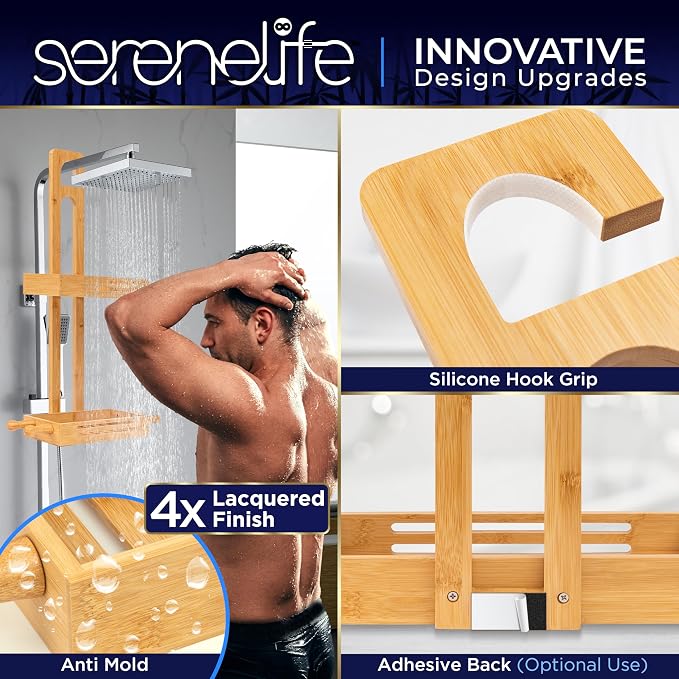 SereneLife Bamboo Hanging Shower Caddy with 2 Tiers, Anti-Slip Design for Bathroom Essentials, Self-Draining Shelves for Easy Organization - Image 3
