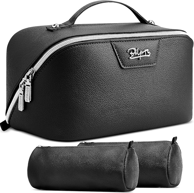 BOYATU Travel Makeup Bag Cosmetic Bags for Women: Large Capacity 3 Pcs Set Make up Bag with Compartments - Waterproof Vegan Leather Toiletry Organizer Bags with Handle (L26Black) by BOYATU