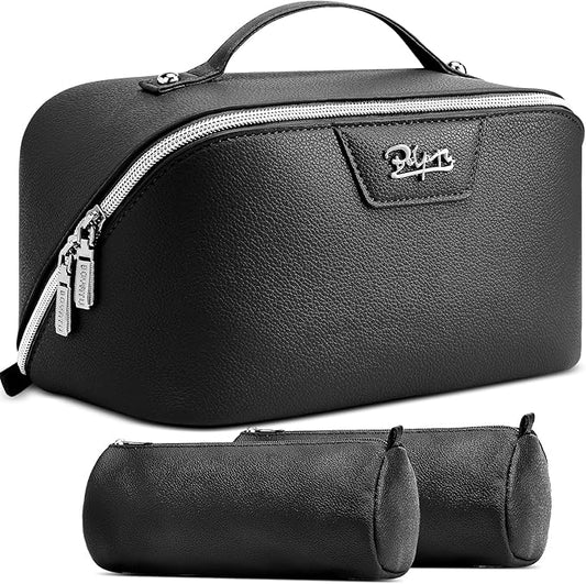 BOYATU Travel Makeup Bag Cosmetic Bags for Women: Large Capacity 3 Pcs Set Make up Bag with Compartments - Waterproof Vegan Leather Toiletry Organizer Bags with Handle (L26Black) by BOYATU