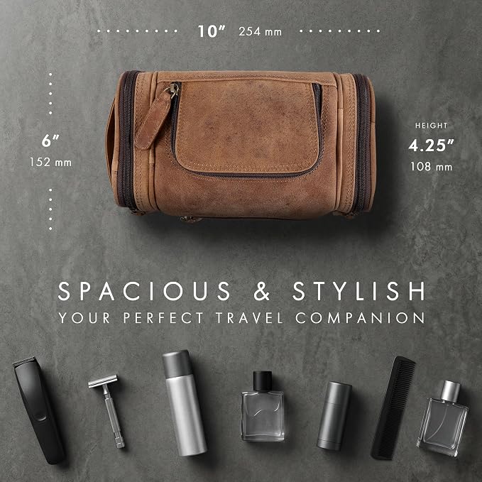 ELIZO Real Leather Toiletry Bag for Men - Small Hanging Travel Organizer for Toiletries, Ideal for Dopp Kit & Shaving Kit for Men, Essential Mens Travel Toiletry Bag for Toiletries (Saddle) - Image 2
