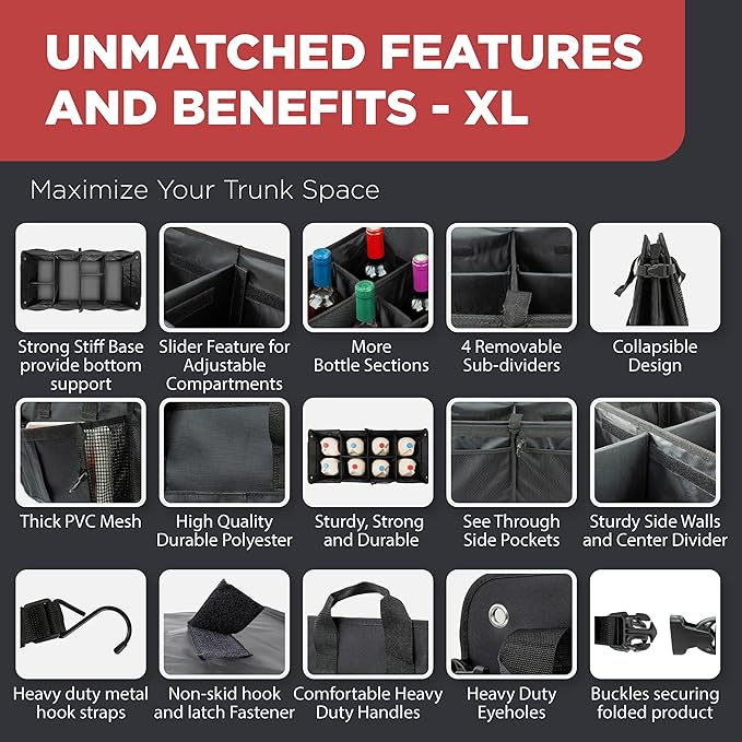 Car Trunk Organizer for SUV, Truck & Auto Cargo Storage, Foldable, Grey, XL | Fits Cars, SUVs & Trucks • 6 Adjustable Compartments • Non-Slip Base & Straps • XLCargo Storage • 11 Pockets • Travel Use - Image 5