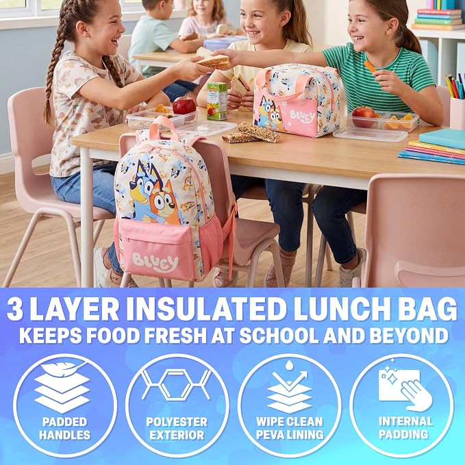 Get Trend Bluey Girls Backpack, Lunch Bag & Pencil Case, 3-Piece Set | 18 inch Kids Bookbag, Adjustable Padded Straps, Insulated Lunch Bag, Zipped Pencil Pouch, School Supplies, Gifts for Girls - Image 4