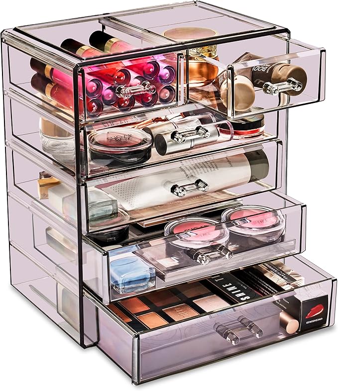 Sorbus Acrylic Makeup Organizer Set, 6-Drawer Vanity & Countertop Cosmetic Storage with Small & Wide Drawers, Purple Makeup Storage for Brushes, Lipsticks, Jewelry – Holiday Gift for Women & Teens by Sorbus