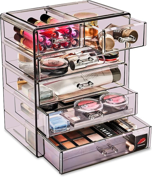Sorbus Acrylic Makeup Organizer Set, 6-Drawer Vanity & Countertop Cosmetic Storage with Small & Wide Drawers, Purple Makeup Storage for Brushes, Lipsticks, Jewelry – Holiday Gift for Women & Teens by Sorbus