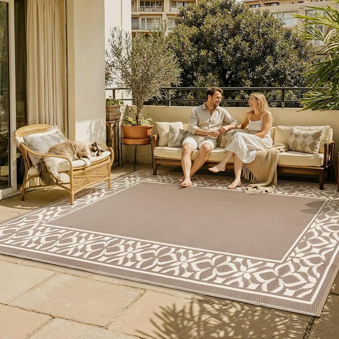 PureCozy Outdoor Plastic Straw Rug Beige Brown Large Outside Waterproof Outdoor Patio 9x12 Carpet Geometric Reversible Mat Modern for Camping RV Porch Deck Balcony Beach - Image 3