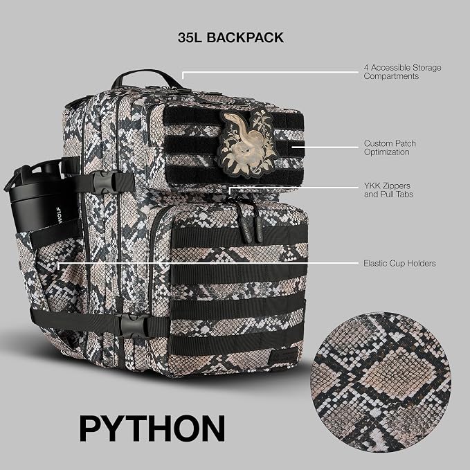 WOLFpak 35L Athletic Gym Backpack (Python) - Durable 1000D Waterproof Oxford Material with MOLLE Webbing, Laptop Pocket & Dual Cup Holders, Durable Fitness/Travel/Military Daypack - Image 2