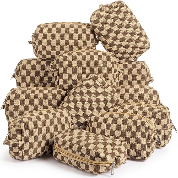 Gilprop 12 Pcs Checkered Makeup Bag for Purse Small Cosmetic Pouch Bulk Portable Zipper Makeup Pouch Travel Toiletry Organizer Gifts for Women Bridesmaid Wedding Party Favors (Brown) by Gilprop