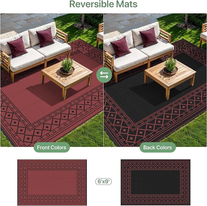 GENIMO Outdoor Rug, Waterproof Plastic Rugs for Patio, 6'x9' Red Black | Outside Larger Modern Carpet Mat for Porch Decor, Deck, Balcony, Camping, RV, Backyard, Picnic, Beach, Reversible - Image 4