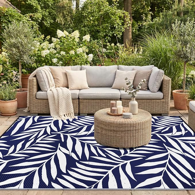 Smiry Outdoor Rug 6x9 ft, Waterproof Reversible Plastic Straw Rugs, Outdoor Area Rug with Leaf Pattern, Outside Floor Mat for Patio, Backyard, Deck, Picnic, Beach, Camping, Navy & White - Image 5