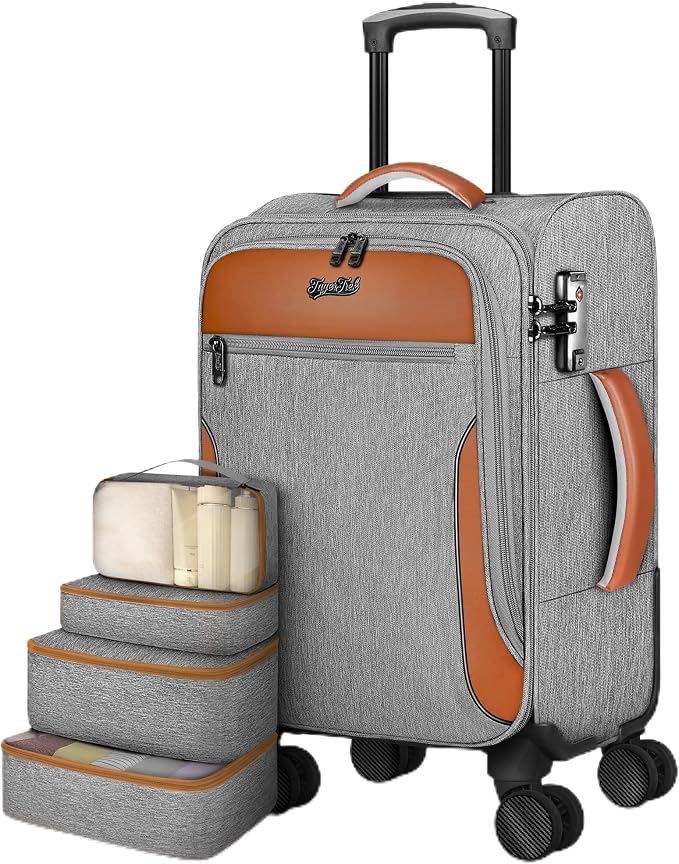 Carry On Luggage 22x14x9 Airline Approved, 20 Inch Softside Suitcase with 4 Pcs, Lightweight Luggage for Women Men with TSA Lock and 4 Spinner Wheels, Soft Side Carry-on Suitcases for Travel, Grey by TagerTrek