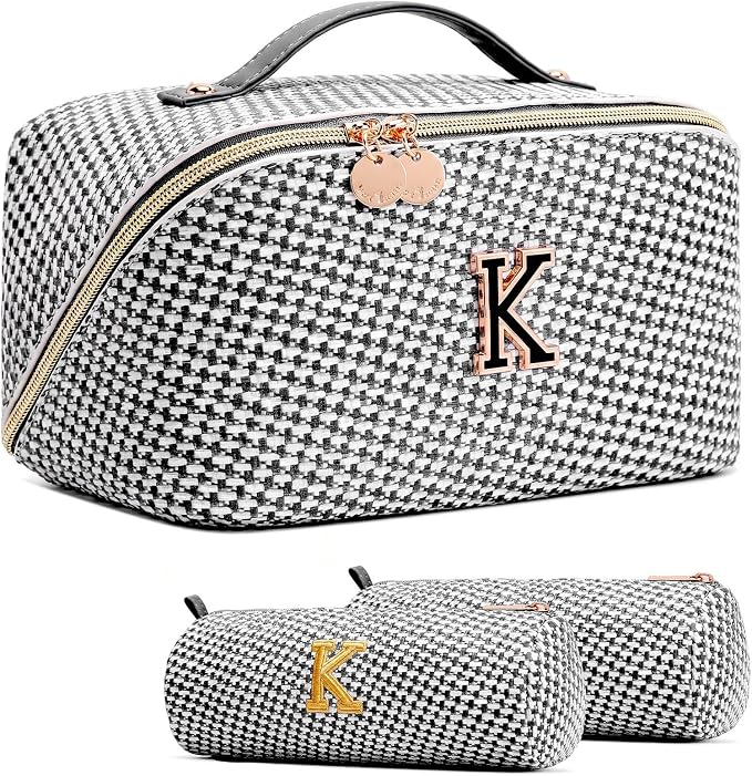 Personalized Gift Travel Makeup Bag: Initial Makeup Organizer Bag for Women | 3-in-1 Custom Make up Bag Set - Vegan Leather Travel Cosmetic Bag - Luxury Gift for Women – Birthday, Anniversary, Graduation by Unknown
