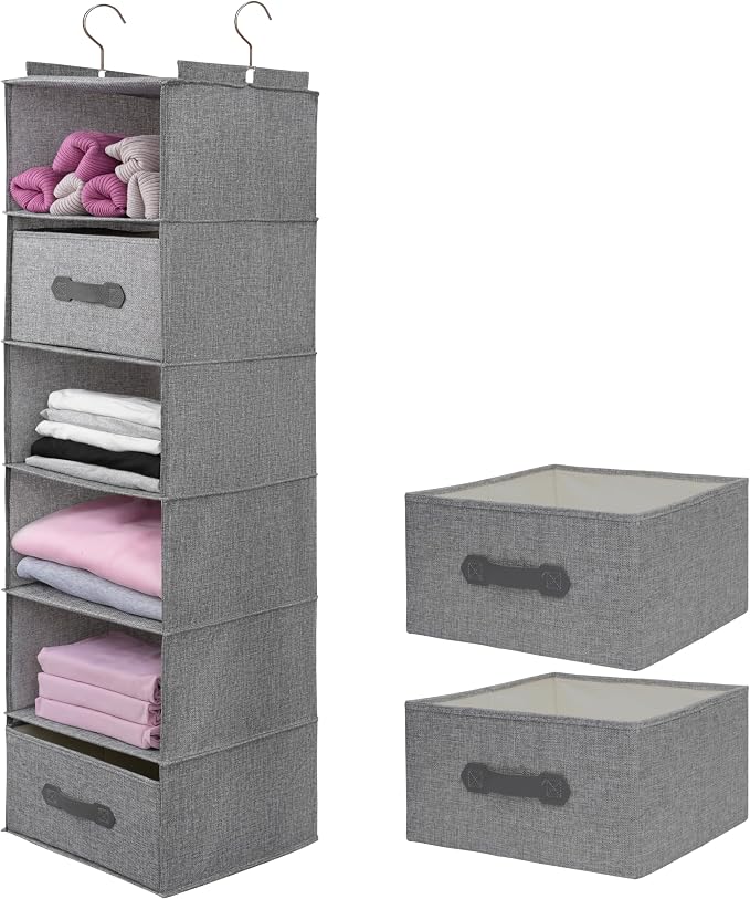 Large Hanging Sweater Organizer for Closet,Collapsible 6-Shelf Hanging Closet Shelves with Drawers, Washable (Grey-6 Shelf-2 d) by Unknown