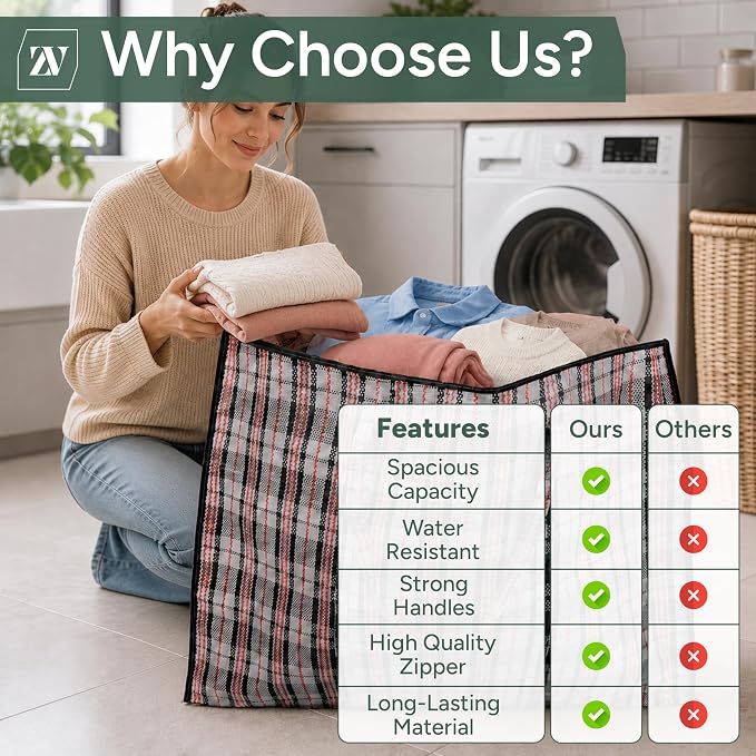 Extra Large Laundry Storage Checkered Shopping Bags 3 Pack, (60 x50 x25 cm) Strong and Durable Waterproof Moving Totes Carrying Bag With Zipper, Cloth Storage Handle Attached Reusable Luggage Bags - Image 7