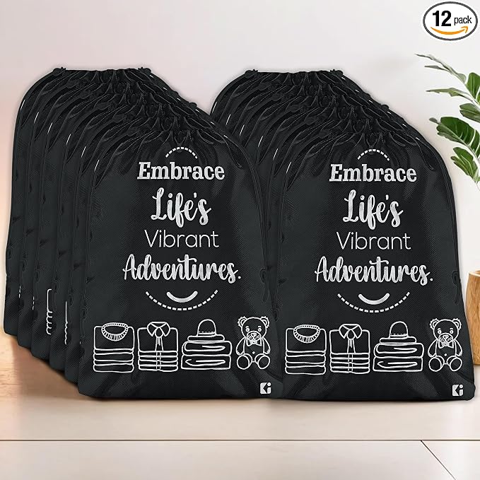 Kuber Industries Pack of 12 Cloth Storage Bag | Non-Woven Storage Organizer | Travel Cloth Carrying Bag | Garments Cover for Laundry | Travel Storage Organizer for Clothing | Large | Black by Kuber+Industries