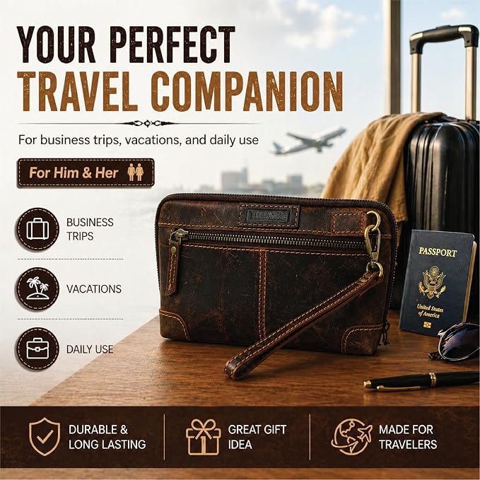 Genuine Leather Makeup Bag Travel Organizer, Premium Handcrafted Cosmetic Pouch with Zipper & Wrist Strap, Durable Toiletry Storage for Women & Men, 5 x 9- Brown - Image 9