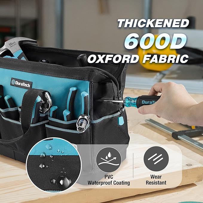 DURATECH 16" Heavy Duty Tool Bag with Hard Bottom and 18 Pockets | Waterproof Tool Bag, Hard Bottom Base, Wide Open Mouth, Multiple Pocket Storage, Professional Tool Organization - Image 4