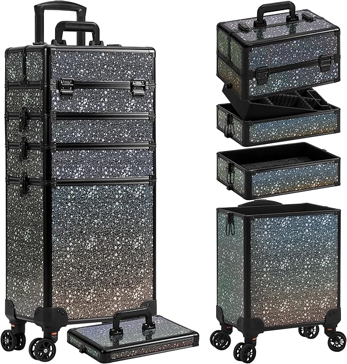 AROUS Rolling Makeup Train Case 5 in 1 Cosmetology Case on Wheels Large Cosmetic Organizer Travel Cart for Hairstylist Artist Nail Beauty Salon Barber,Black by Unknown