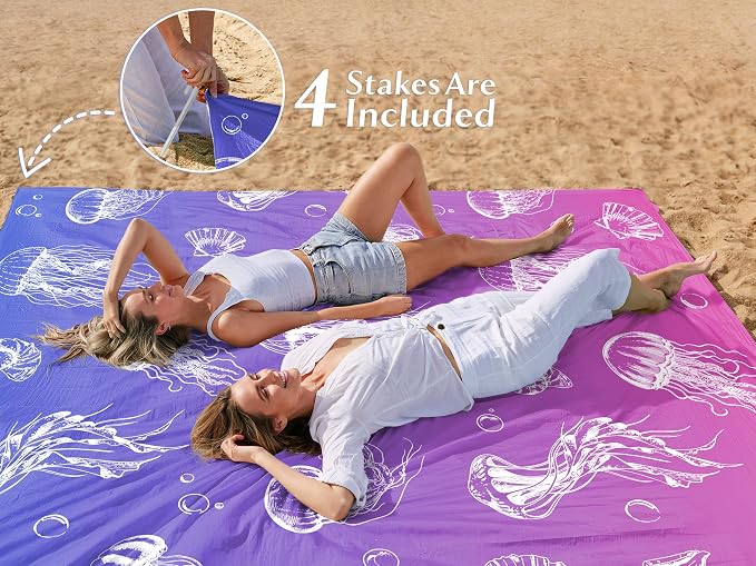 AlphaBeing Beach Blanket Waterproof Sandproof, Extra Large Beach Mat for 1–8 Adults, Oversized Picnic Blanket with 4 Stakes & Storage Bag, Essential Beach Gear for Travel - Image 6
