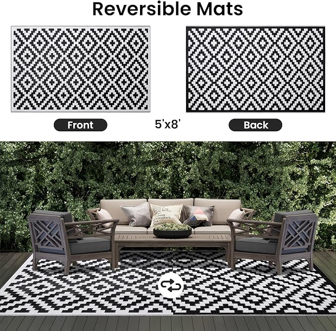 Smiry Waterproof Outdoor Rug 5x8 ft, Reversible Plastic Straw Patio Camping Rugs, Outdoor Indoor RV Mat Carpet for Patio, Outside Entry, Backyard, Deck, Bench, Picnic, Camper, Black & White - Image 3