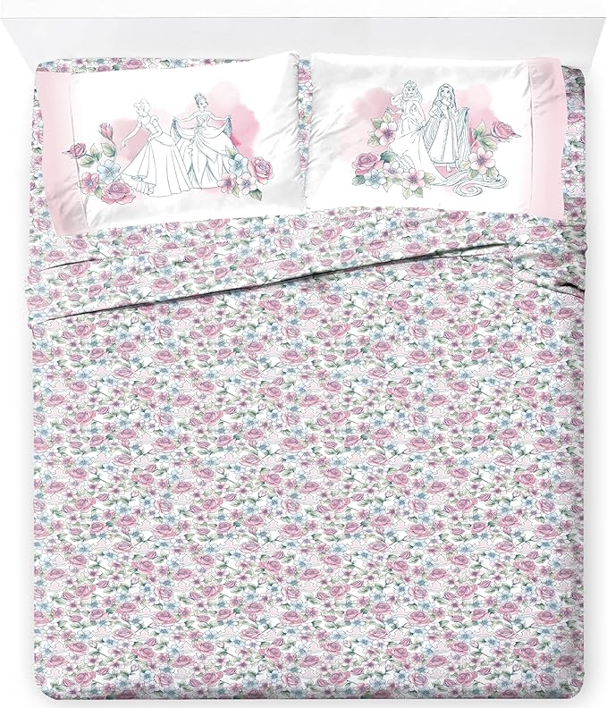 Jay Franco Kids Sheet Set with Fitted, Flat Sheets & Pillow Cover - Ultra-Soft Bedding with Pillowcase for Room Decor, Pink - Disney Princess, 4 Piece King by JayFranco
