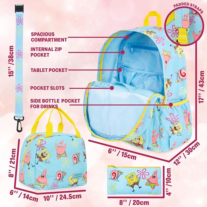 Get Trend SpongeBob SquarePants Girls Corduroy Backpack 4 Piece Set | 17 inch Bookbag with Laptop Pocket, Insulated Lunch Bag, Pencil Case & Lanyard, Back to School Gifts for Girls - Image 3