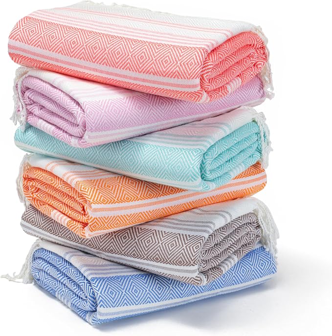 Genovega 6 Oversized Turkish Beach Bath Towel Set Bulk 74"x38" Sand Free Extra Large Quick Dry Swimming Camping Pool Clearance Towels Blanket Essentials Adult Multi Rhombus Orange by genovega