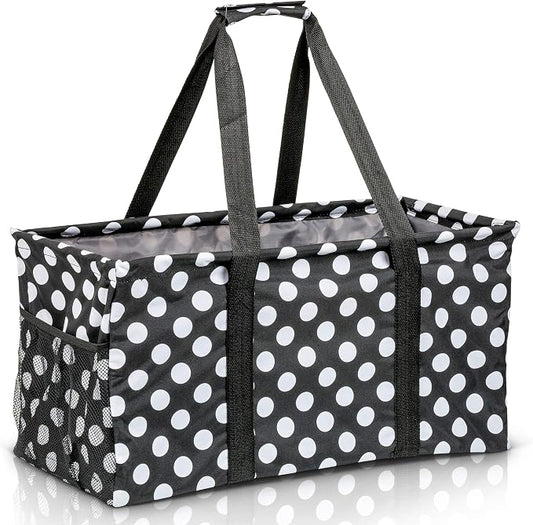 Extra Large Utility Tote Bag - Oversized Collapsible Reusable Wire Frame Rectangular Canvas Basket With Two Exterior Pockets For Beach, Pool, Laundry, Car Trunk, Storage - White Polka Dot by Lucazzi