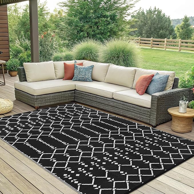 Smiry Outdoor Rug 6x9 ft, Waterproof Reversible Plastic Straw Rugs, Boho Outdoor Area Rug, Outside Floor Mat for Patio, Backyard, Deck, Picnic, Beach, Camping, Black - Image 7